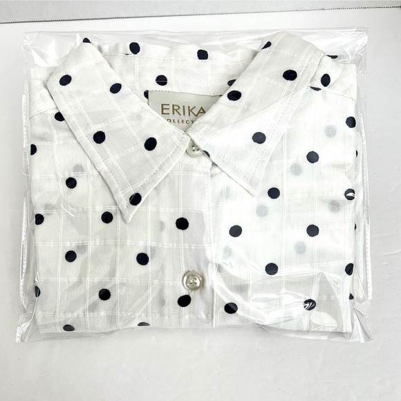 Erika Blouse Long Sleeve Collar Button White‎ Navy Polkadots Side Slits New - Picture 15 of 15